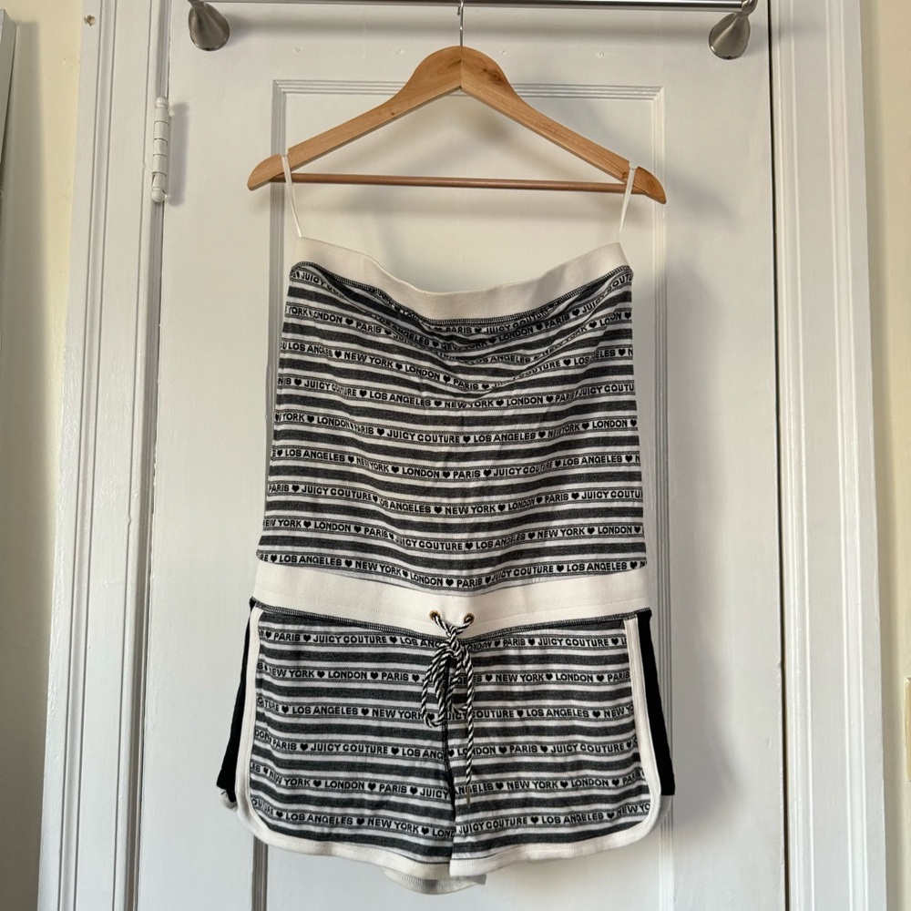 Juicy Couture LA NY London Paris Striped Print Strapless Track Romper